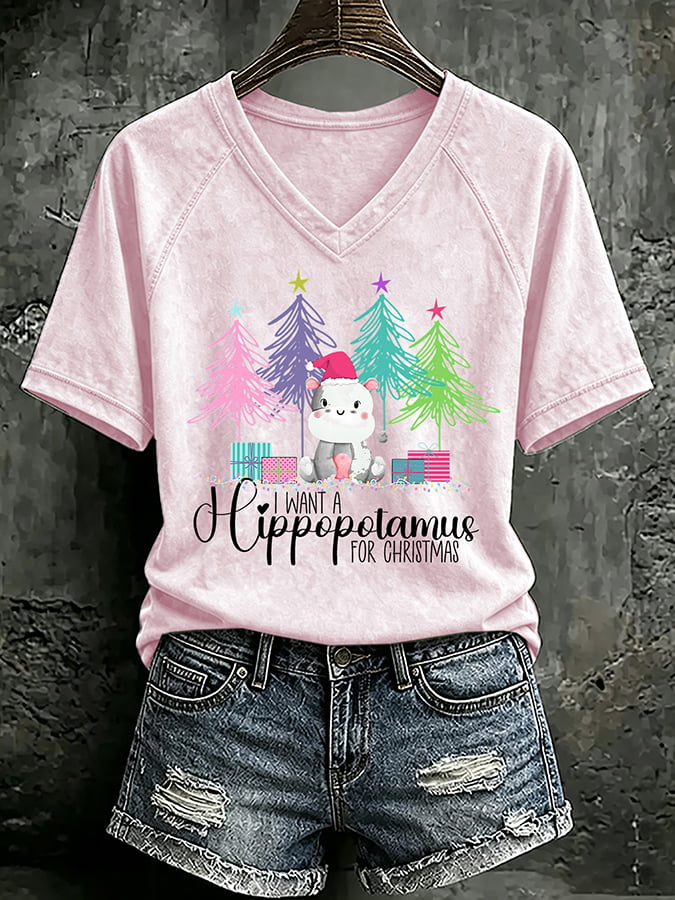 V Neck Retro I Want A Hippopotamus For Christmas Print T-Shirt