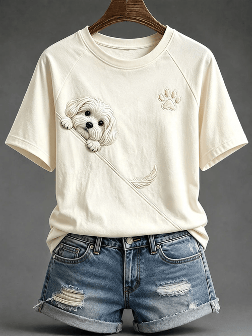 Women's Retro Peeking Maltese Dog & Paw Print Raglan Short-Sleeved T-Shirt