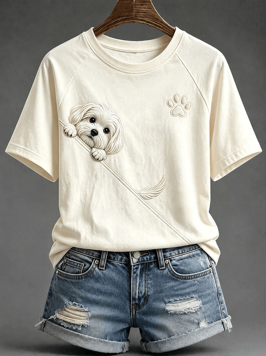 Women's Retro Peeking Maltese Dog & Paw Print Raglan Short-Sleeved T-Shirt
