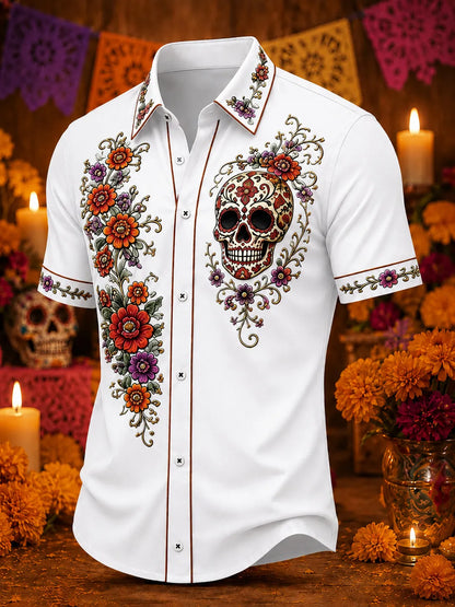 Men's Day Of The Dead Floral Skull And Curving Blossom Vines Print Short Sleeve Buttons Shirt