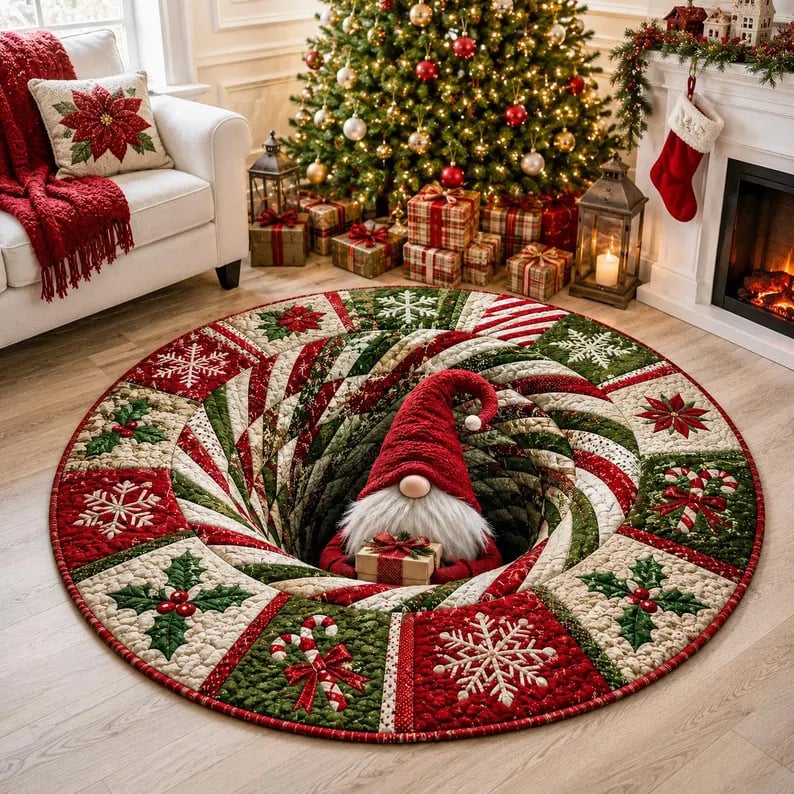 🎄3D Christmas Gnome Optical Illusion Round Rug | Fun Festive Home Decor Must‐Have⭐🏠🎁