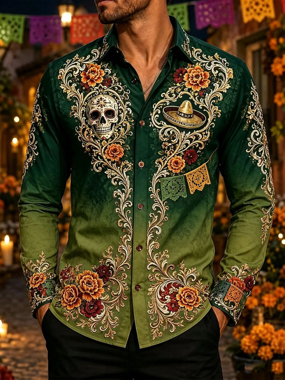 Men's Mexican Day of the Dead Gradient Sugar Skull Sombrero Floral Print Long Sleeve Shirt