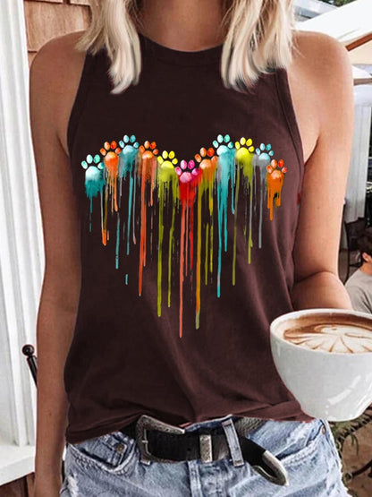 Women's Color Dog Paw Heart Print Tank Top