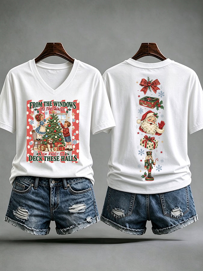 V-Neck Retro Christmas From Window To The Walls I'm About To Deck These Halls Print T-Shirt