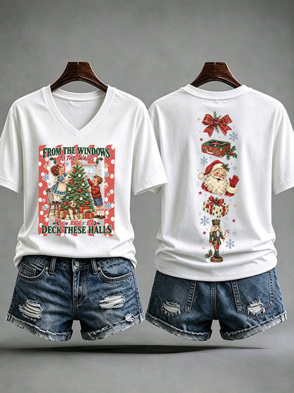 V-Neck Retro Christmas From Window To The Walls I'm About To Deck These Halls Print T-Shirt