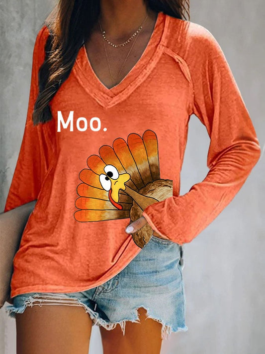 Women'S Thanksgiving Turkey Moo Printed T-Shirt