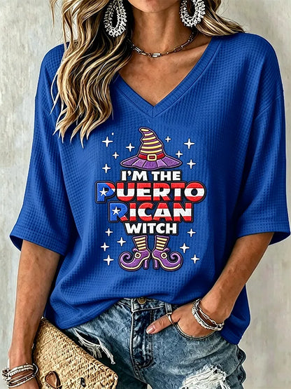 🎃Women's Halloween In Puerto Rico Print Waffle-Knit Top