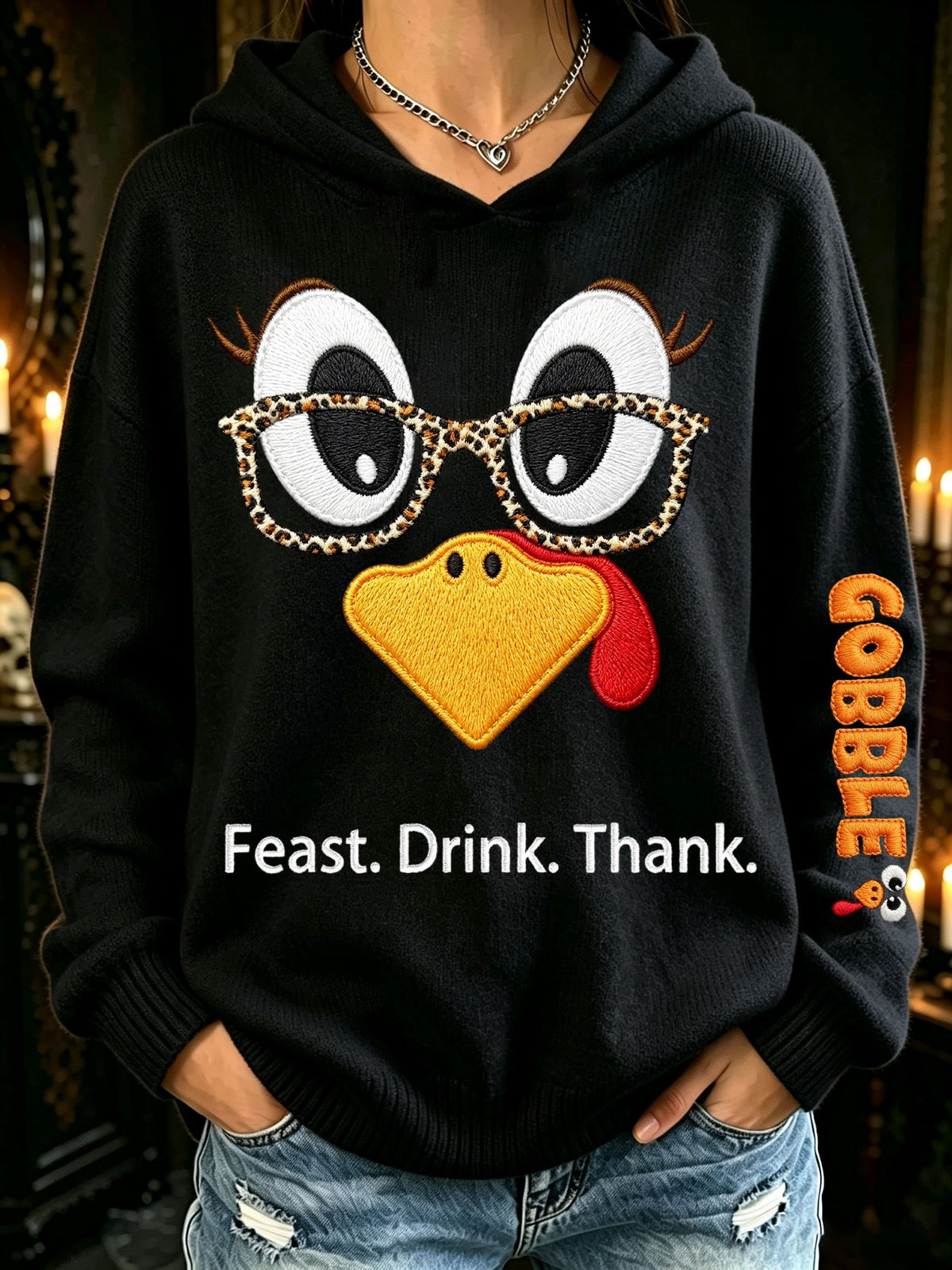 Women's Thanksgiving Turkey Feast. Drink. Thank. Printed Casual Hooded