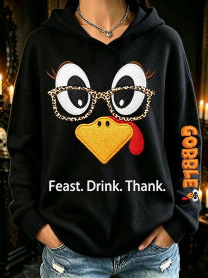 Women's Thanksgiving Turkey Feast. Drink. Thank. Printed Casual Hooded