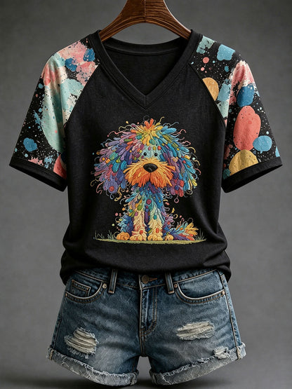Ladies' Cute Dog V-Neck Casual T-Shirt