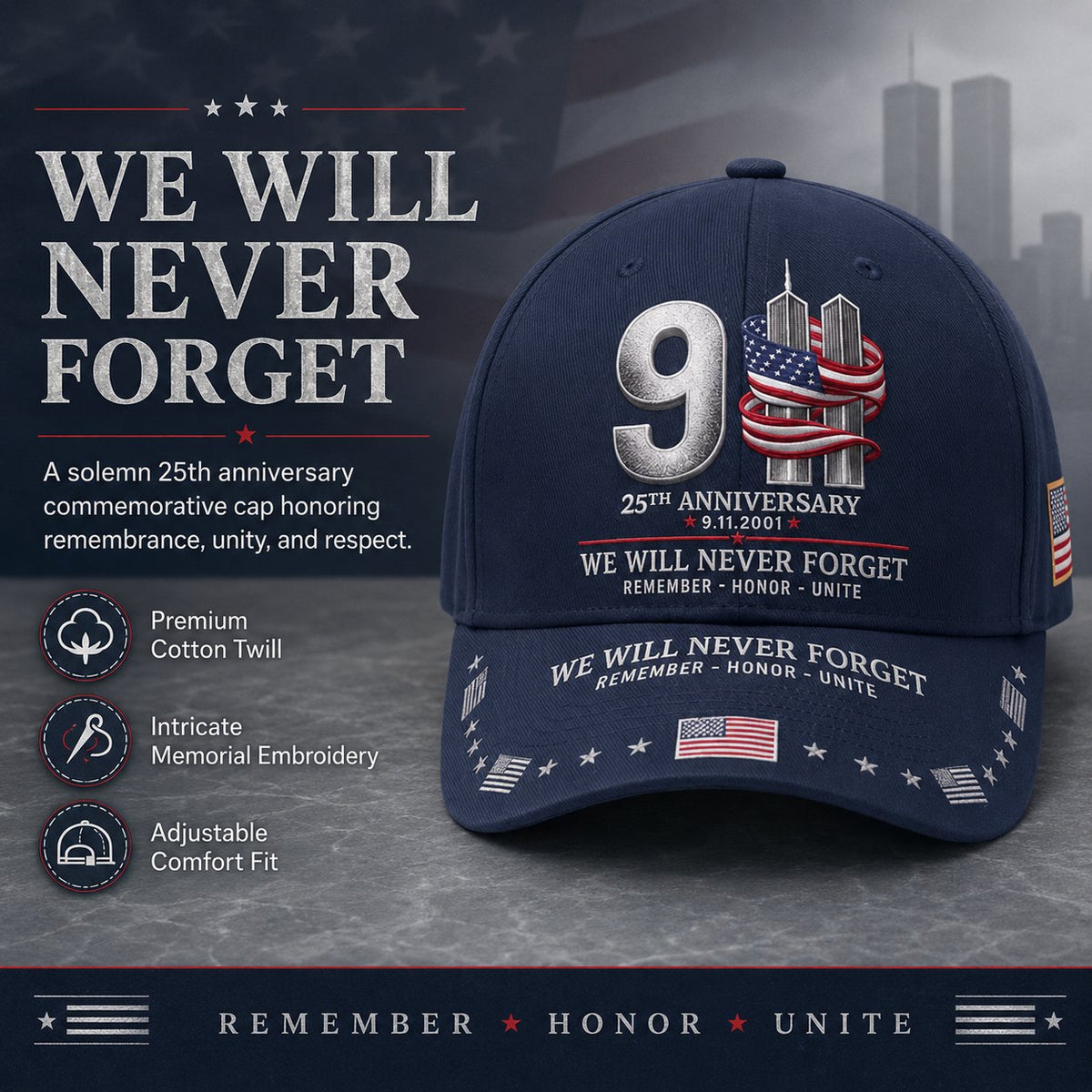 🔥LAST DAY 50% OFF - 9/11 25th Anniversary We Will Never Forget Memorial Baseball Cap – Unisex Patriotic Memorial Hat🧢 100% Cotton