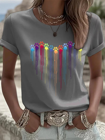 Women's Colorful Dog Heart Paw Print Casual  T-Shirt