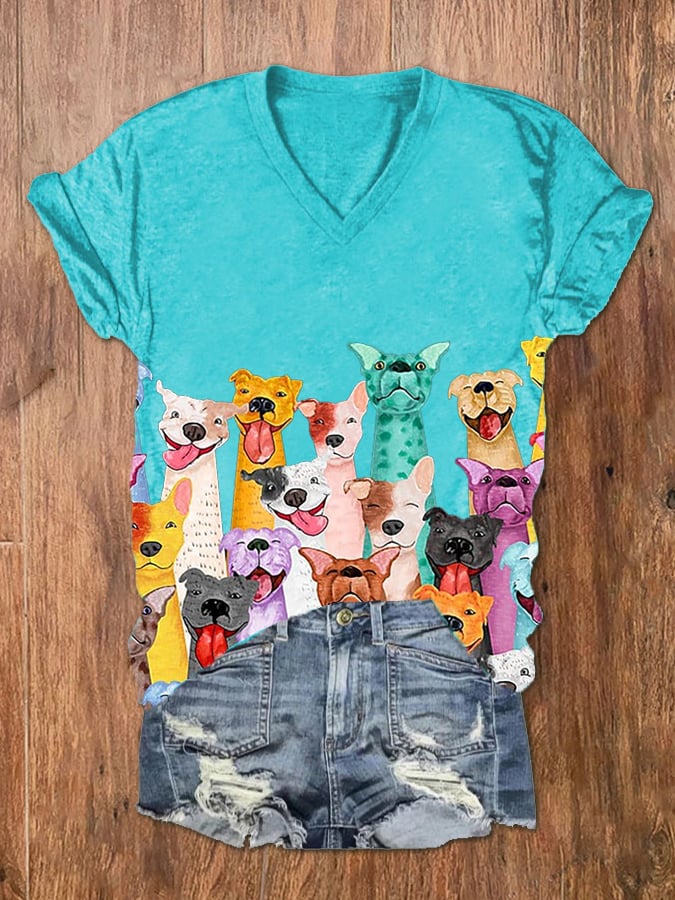 Women's Fun Colorful Dogs Print V-Neck T-Shirt