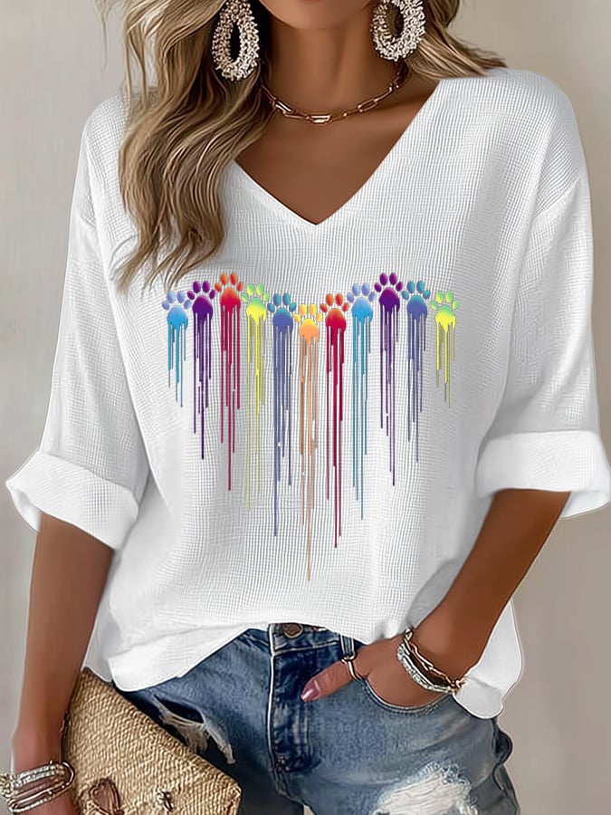 Women's Colorful Dog Heart Paw Print Casual Waffle T-Shirt