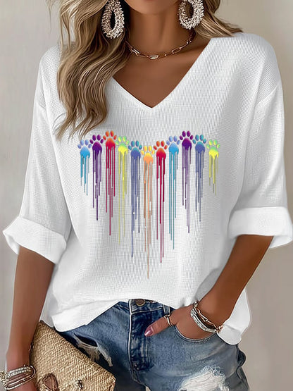 Women's Colorful Dog Heart Paw Print Casual Waffle T-Shirt
