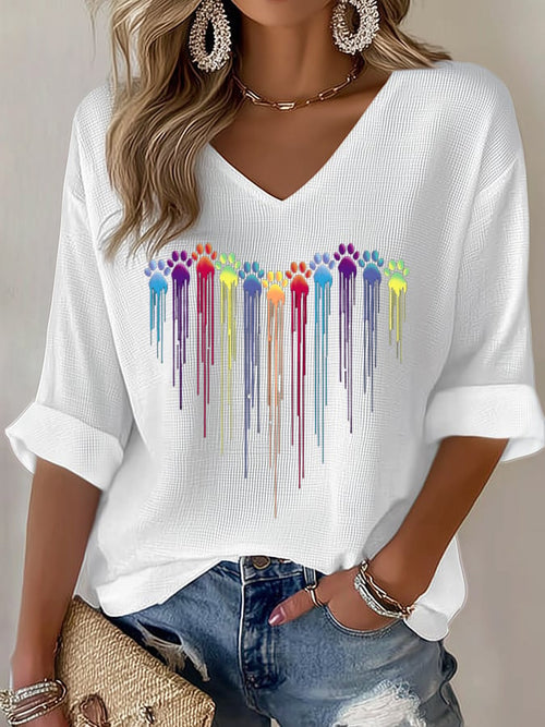 Women's Colorful Dog Heart Paw Print Casual Waffle T-Shirt