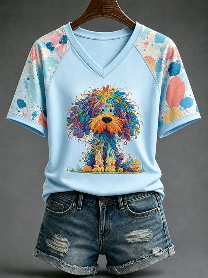Ladies' Cute Dog V-Neck Casual T-Shirt