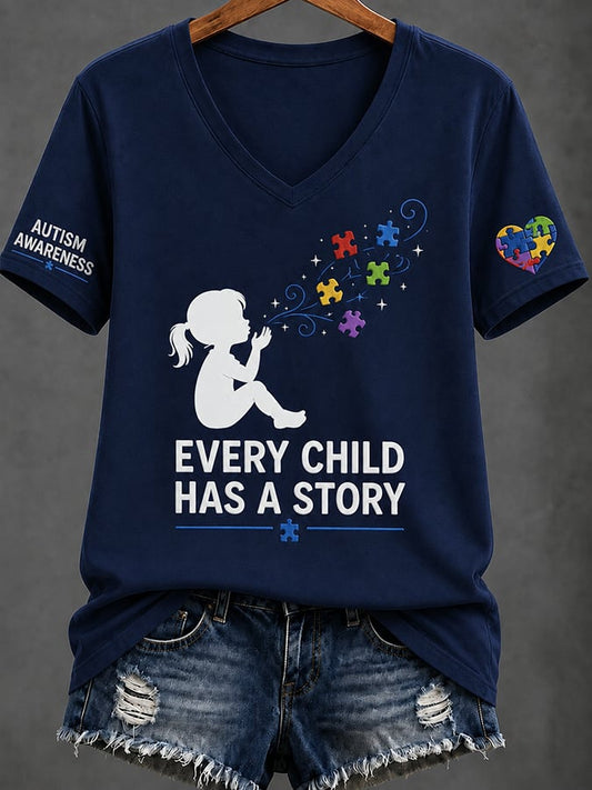 Women'S Casual V-Neck Top With Autism Awareness Print