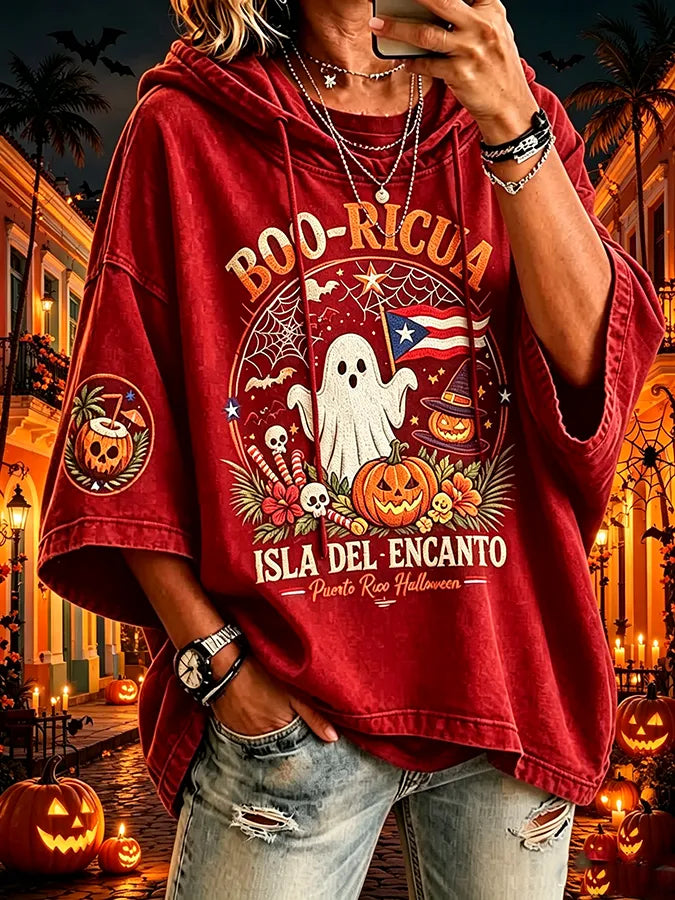 Women's Puerto Rico Halloween Print Graphic Waffle-Knit Casual T-Shirt