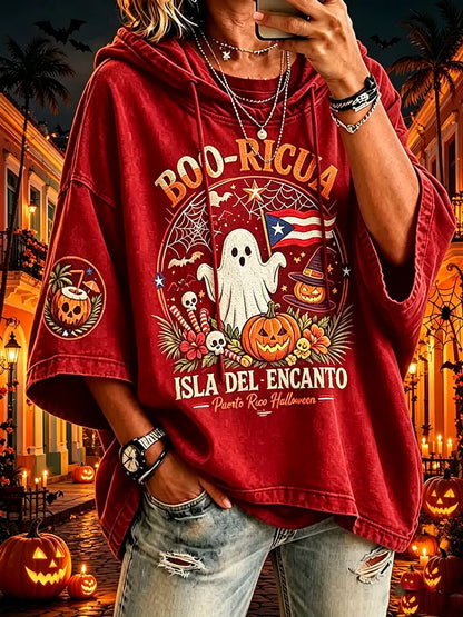 Women's Puerto Rico Halloween Print Graphic Waffle-Knit Casual T-Shirt