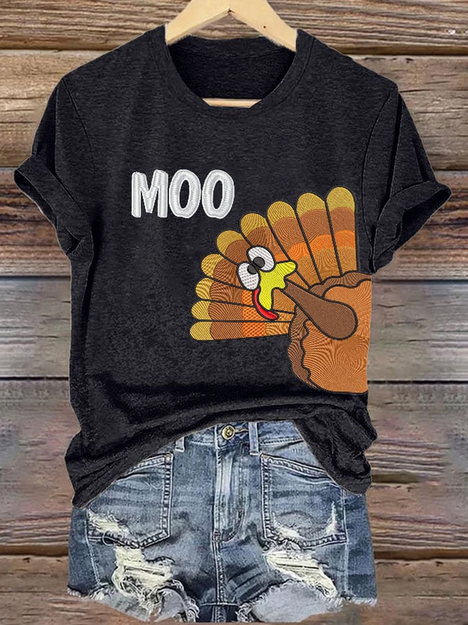 Women'S Thanksgiving Turkey Moo Print T-Shirt