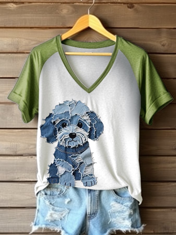 Women's Retro Funny Denim Patch Animal Dog Print Raglan Short Sleeve T-Shirt