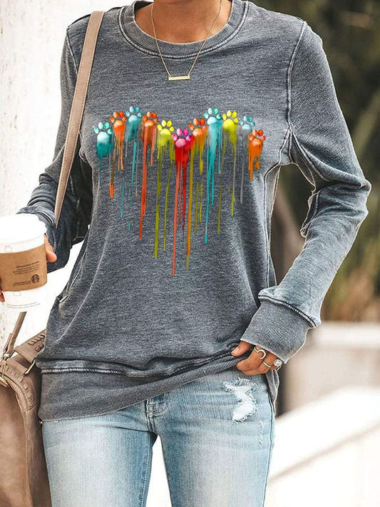 Women's Colorful Love Heart Dog Paw Print Sweatshirt
