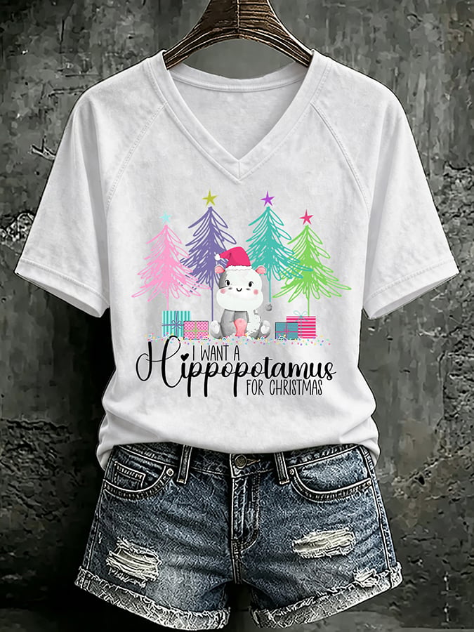 V Neck Retro I Want A Hippopotamus For Christmas Print T-Shirt
