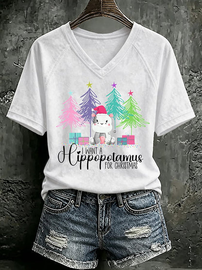V Neck Retro I Want A Hippopotamus For Christmas Print T-Shirt