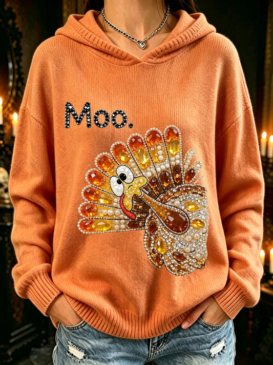 Women's Thanksgiving Turkey Moo. Printed Casual Hooded