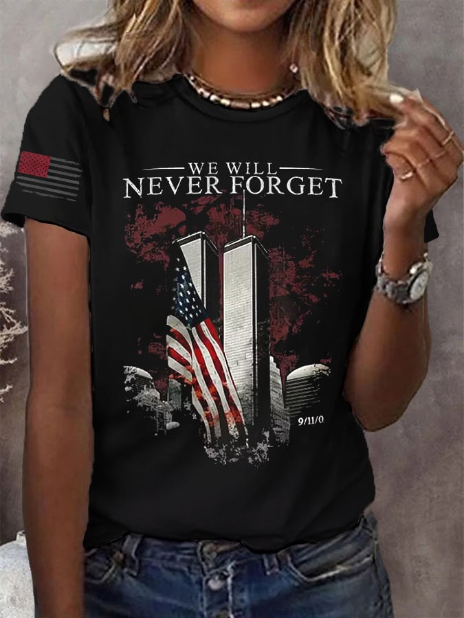 Women's 9/11 Memorial Week Flag Print Crew Neck T-Shirt