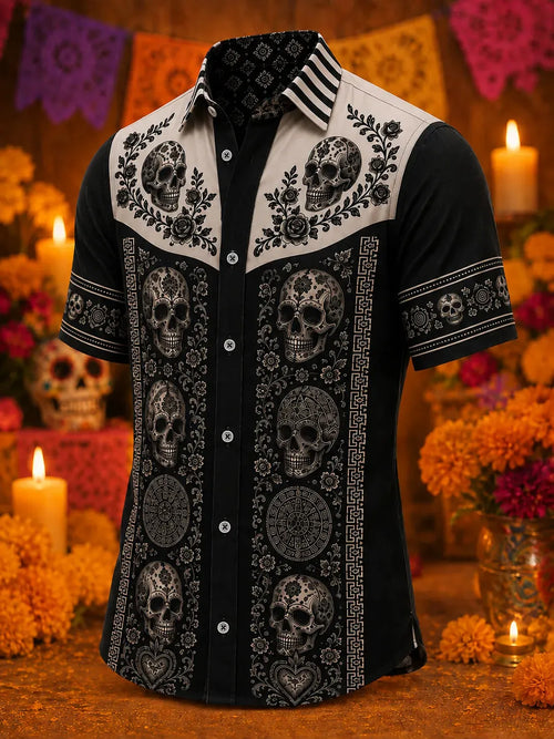 Men's Day Of The Dead Print Short Sleeve Buttons Shirt