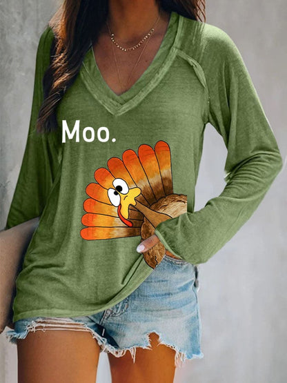 Women'S Thanksgiving Turkey Moo Printed T-Shirt
