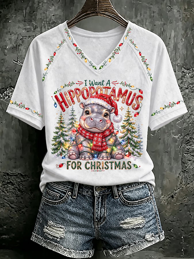 V Neck Retro I Want A Hippopotamus For Christmas Print T-Shirt