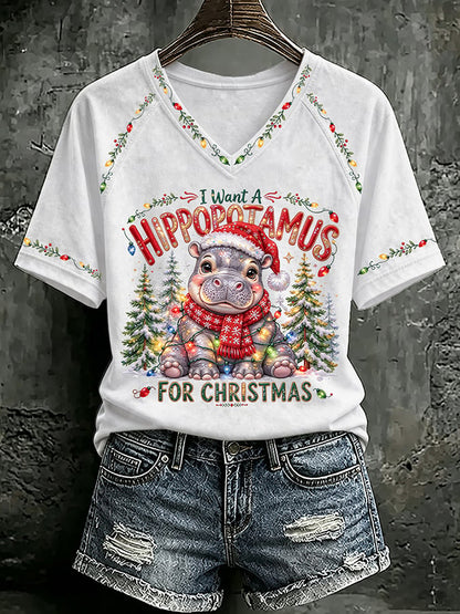 V Neck Retro I Want A Hippopotamus For Christmas Print T-Shirt
