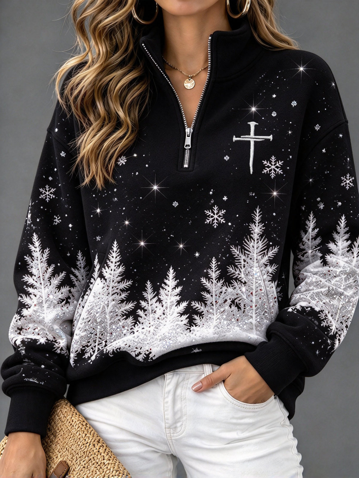 Women's Winter Christmas Snowy Night Faith Zip-Up Hoodie
