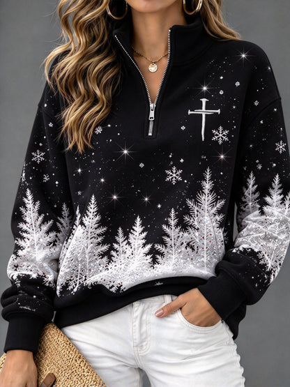 Women's Winter Christmas Snowy Night Faith Zip-Up Hoodie