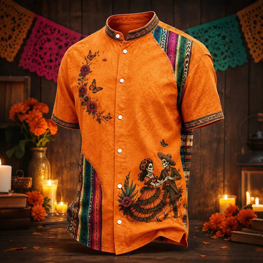 Men's Dancing Skeleton Lovers And Colorful Blooms Day of the Dead Print Stand Collar Short Sleeve Shirt