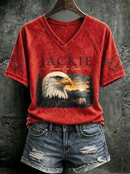 V Neck Retro Jackie Forever Our Queen Print T-Shirt