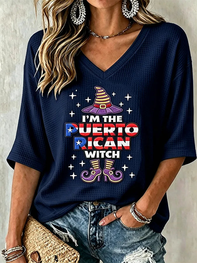 🎃Women's Halloween In Puerto Rico Print Waffle-Knit Top