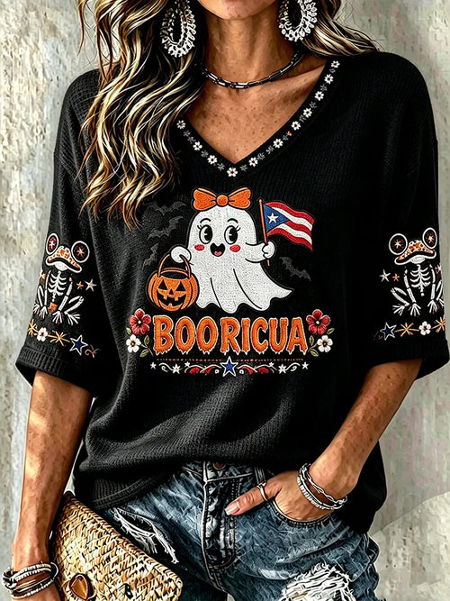 🎃Women's Halloween In Puerto Rico Print Waffle-Knit Top