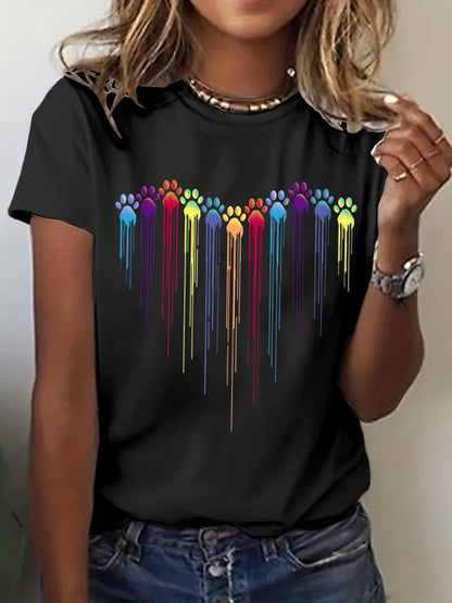 Women's Colorful Dog Heart Paw Print Casual T-shirt