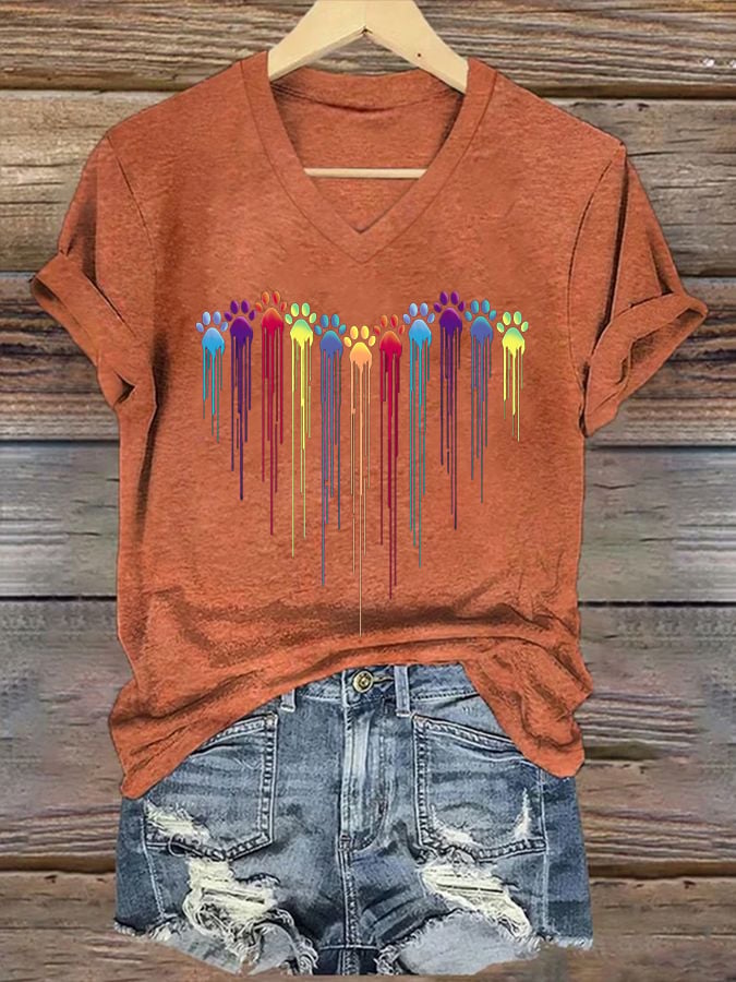 Women's Colorful Dog Heart Paw Print Casual T-shirt