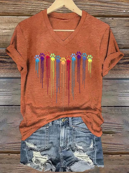 Women's Colorful Dog Heart Paw Print Casual T-shirt
