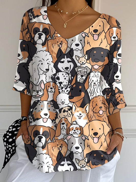 Women's Cute Dog Print T-Shirt
