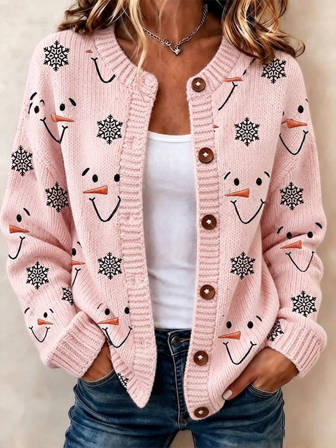 Women's Casual Snowman-Print Knit Cardigan