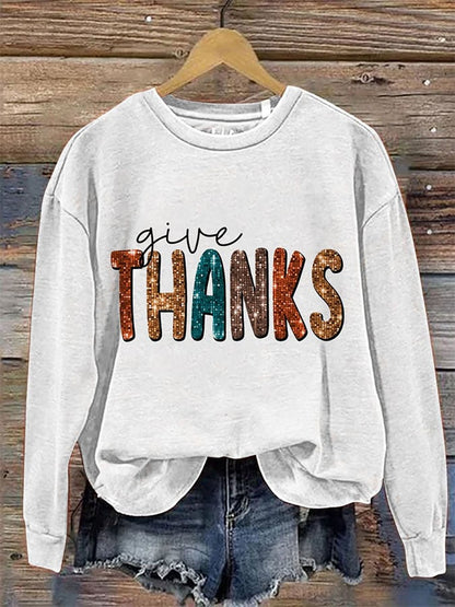 Women'S Casual Give Thanks Printed Long Sleeve Sweatshirt
