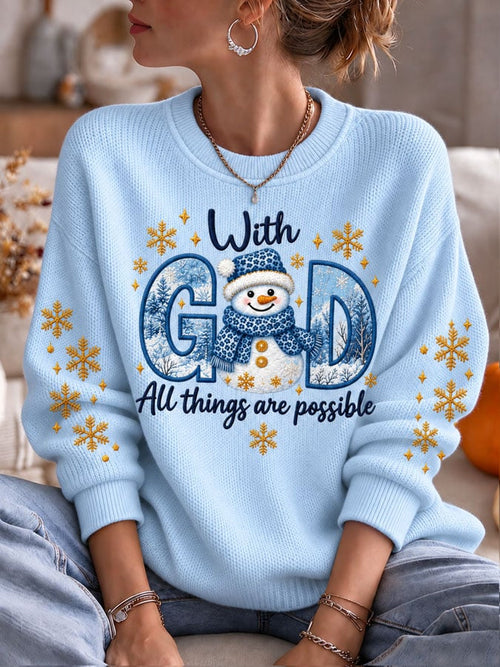 Women's Casual Cute Snowman-Print Knit Top