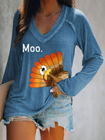 Women'S Thanksgiving Turkey Moo Printed T-Shirt