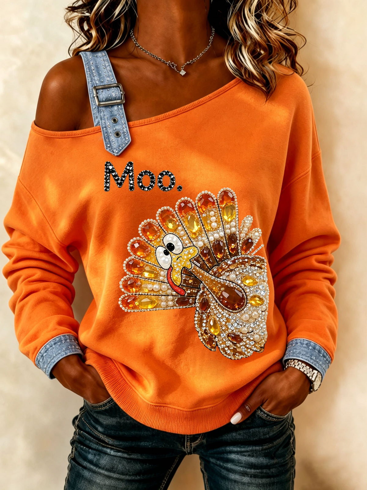 Women's Thanksgiving Turkey Moo Casual Off-Shoulder Sweatshirt